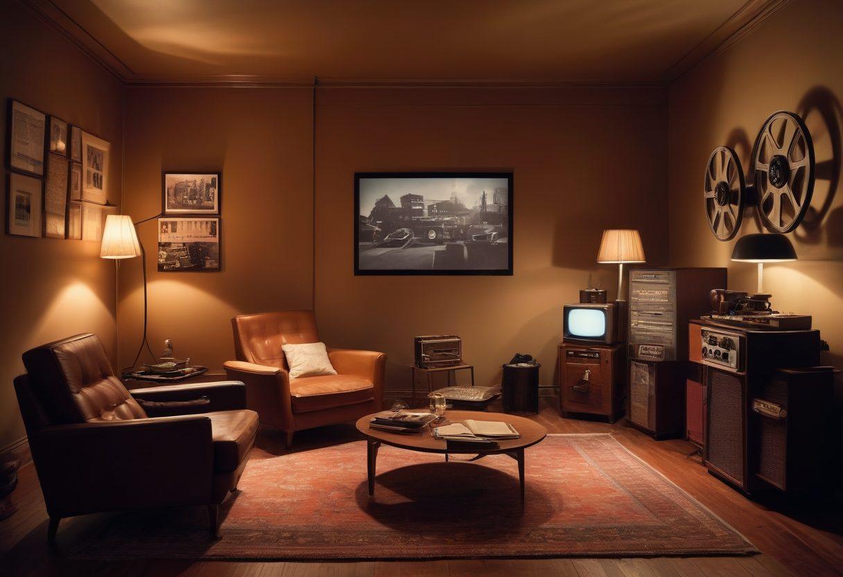 A thoughtfully arranged scene featuring an artful cinema setup with vintage film reels, a sleek projector, and elegant lounge chairs. Soft, atmospheric lighting casts shadows that evoke a sense of mystery, while an open notebook with handwritten reviews lies on a side table. Include hints of artistic expression such as film posters and color palettes in the background. super-realistic. warm tones. elegant design.