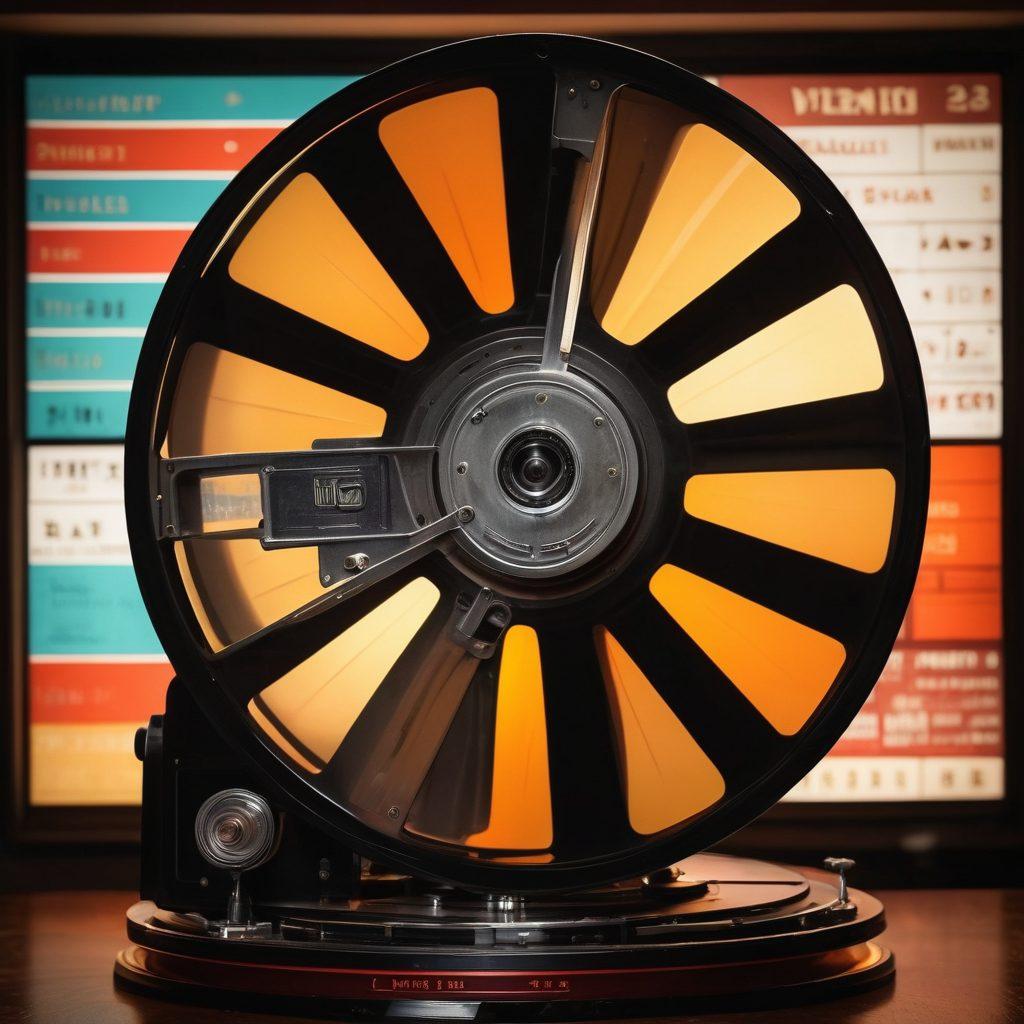 A vintage film projector casting light on a reel of film featuring dynamic scenes from various adult cinema eras, interspersed with imagery reflecting industry insights like analytics graphs and artistic critiques. The background should be a collage of iconic adult film posters and subtle glimpses of behind-the-scenes production, creating a seamless blend of nostalgia and modernity. A color palette that combines warm vintage tones with sharp contemporary accents. super-realistic. vibrant colors. cinematic style.